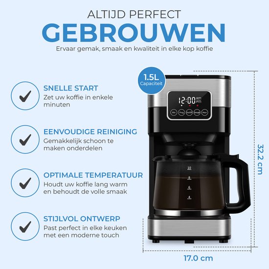 NovaWare Koffiezetapparaat Filterkoffie - 1.5L – Met Glazen Kan & Herbruikbaar Filter - Koffiemachines - Display – 12 Kopjes – Zwart-RVS