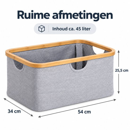 Wasmand 45 Liter – Opvouwbare Wasmand met Bamboe Rand – Wasmand Groot met Handgrepen – Stoffen Opbergmand voor Wasgoed, Speelgoed & Handdoeken – Grijs - Heupwasmand