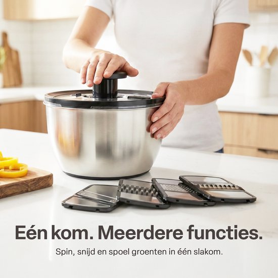 Slacentrifuge RVS 5L met Snij- en Raspmessen – Salade Spinner – Sladroger – Slakom met Mandoline – Groentesnijder – Julienne Snijder – RVS Mengkom
