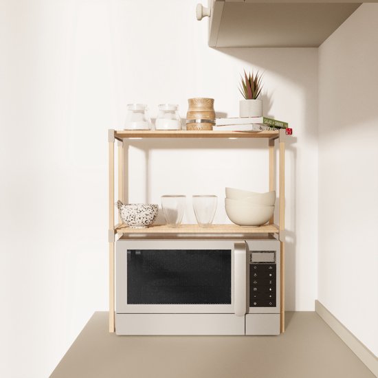 Fixwood 2-laags Ovenrek – Keukenrek van Hout en Kunststof – Magnetron Rek – 58x34x63 cm – Multifunctioneel Opslagrek – Extra Werk- & Opbergruimte
