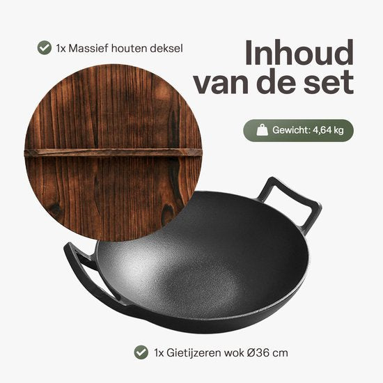 Gietijzeren Wok Ø36 cm met Houten Deksel – Wokpan Gietijzer voor Inductie, Gas, Oven & BBQ – Pre-seasoned – Grote Wokpan met Handgrepen – Professionele Wok