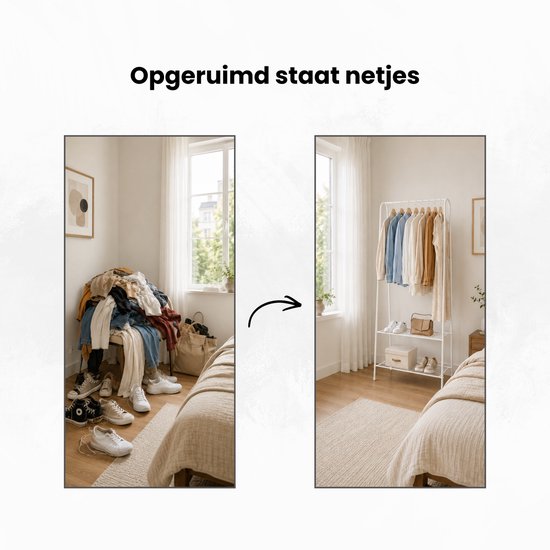 Kledingrek Staand – Kledingrek met Planken – Garderoberek Metaal – Open Kast – Kapstokrek – Wit – Voor Slaapkamer en Hal