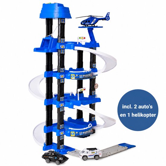 DMG Supply Politiegarage Speelset - 3-Laagse Speelgoedgarage met Lift en Helikopterplatform - Met 2 Auto’s en 1 Helikopter - Vanaf 3 Jaar
