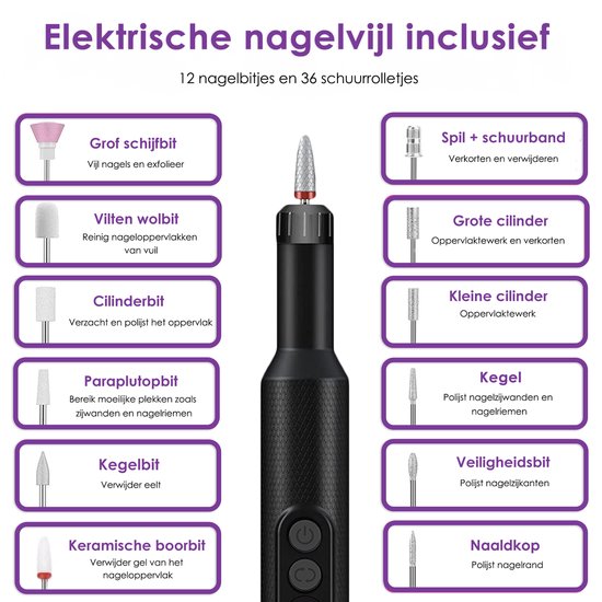 Vesfy Nagelfrees met 12 Nagelvijl Bitjes - Incl. 36 Schuurrolletjes - Pedicureset Professioneel - Nagelvijl Electrisch - Nagellak