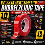 24ME® Pakket met 10 Rollen Dubbelzijdig Montagetape - Totaal 15 meter - Sterke Hechting - Transparant - Ultra Strong