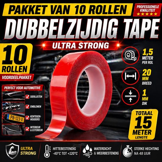 24ME® Pakket met 10 Rollen Dubbelzijdig Montagetape - Totaal 15 meter - Sterke Hechting - Transparant - Ultra Strong