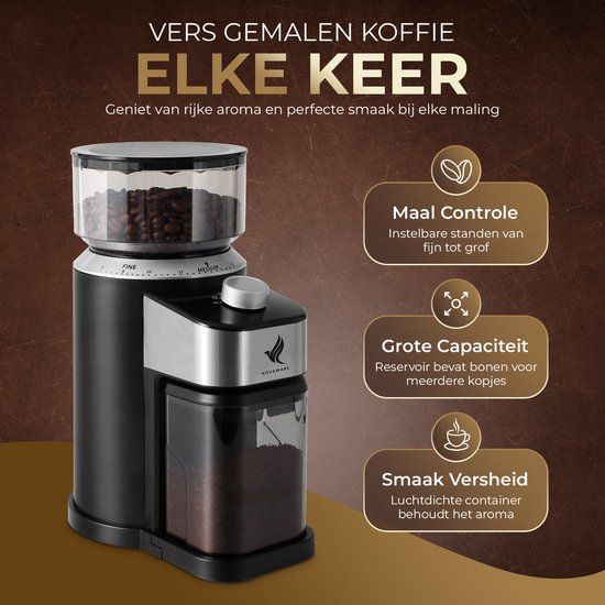 NovaWare Koffiemolen Pro – Elektrische Koffiemolen – Koffiebonen maler – Koffiemaler - Coffee Grinder - Zwart