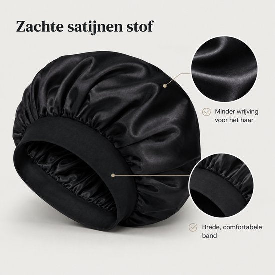 Satijnen Slaapmuts XL - Dubbelzijdig Satijn - Bonnet voor Krullen, Lang Haar & Vlechten - Extra Groot - Inclusief Haarborstel - Zwart