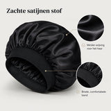 Satijnen Slaapmuts XL - Dubbelzijdig Satijn - Bonnet voor Krullen, Lang Haar & Vlechten - Extra Groot - Inclusief Haarborstel - Zwart