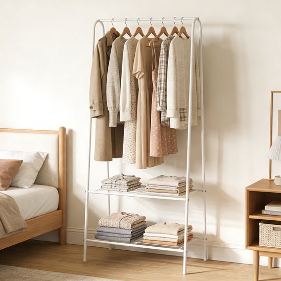 Kledingrek Staand – Kledingrek met Planken – Garderoberek Metaal – Open Kast – Kapstokrek – Wit – Voor Slaapkamer en Hal