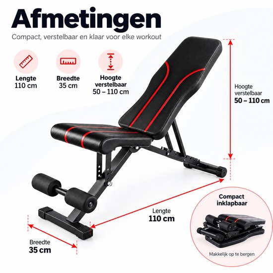 Verstelbare Fitnessbank – Opvouwbare Trainingsbank voor Thuis – Halterbank met Verstelbare Rugleuning – Incline & Flat Bench – Buikspierbank met Beenrollen – Zwart-Rood