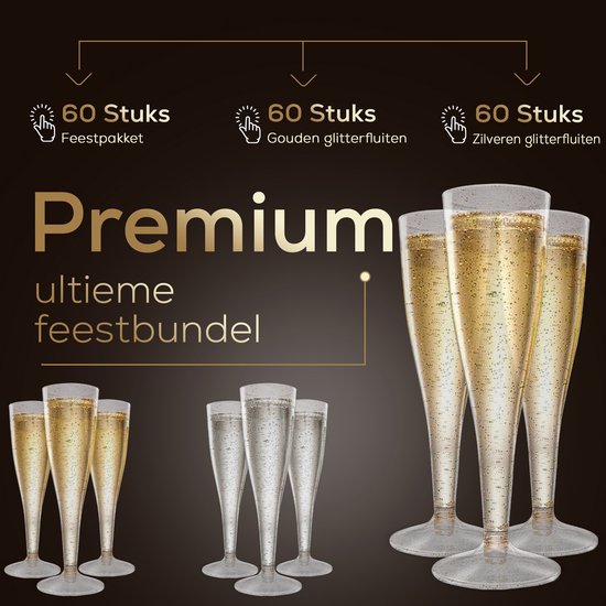 Plastic Champagneglazen - 120 Stuks - Gouden en Zilveren Glitter - Voor Bruiloften, Verjaardagen & Feesten, 135ml - Herbruikbaar