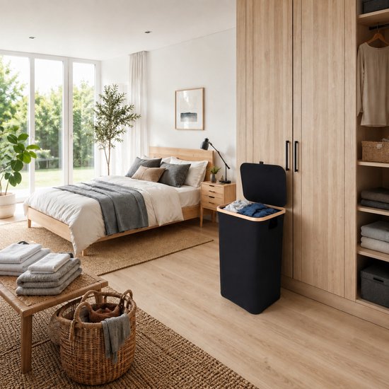 Wasmand met Deksel – Opvouwbare Wasmand – Wasbox 100L – Wassorteerder met Binnenzak – Zwart – Voor Badkamer, Slaapkamer en Wasruimte