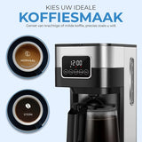 NovaWare Koffiezetapparaat Filterkoffie - 1.5L – Met Glazen Kan & Herbruikbaar Filter - Koffiemachines - Display – 12 Kopjes – Zwart-RVS