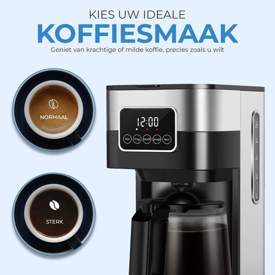 NovaWare Koffiezetapparaat Filterkoffie - 1.5L – Met Glazen Kan & Herbruikbaar Filter - Koffiemachines - Display – 12 Kopjes – Zwart-RVS