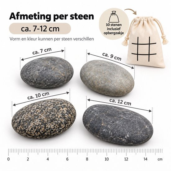 Schilderstenen 10 Stuks – Natuurlijke Keien om te Beschilderen – 7 tot 12 cm – Stenen voor Knutselen & Decoreren – Inclusief Katoenen Opbergzak - Happy Stones