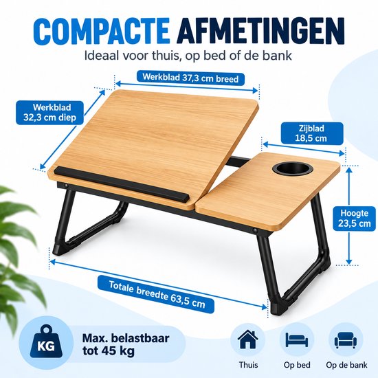 Laptoptafel voor Bed & Bank – Inklapbare Bedtafel met Verstelbaar Werkblad – Bekerhouder & Zijblad – Laptopstandaard van Bamboe – Tot 45 kg