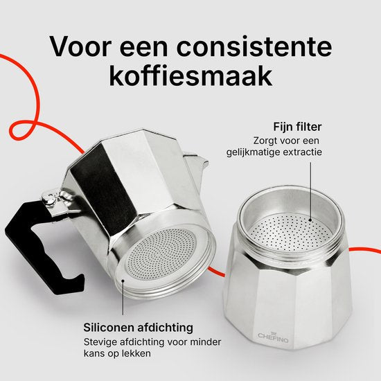 Chefino Percolator 6 Kops – Moka Pot 270 ml – Espressopot voor Italiaans Koffiezetten – Aluminium Mokkapot – Espressomaker voor Gasfornuis
