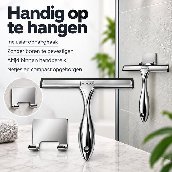 Douchewisser RVS – Raamwisser voor Douche, Glas & Tegels – 25,5 cm Brede Wisser – Inclusief Zelfklevende Ophanghaak – Zilver