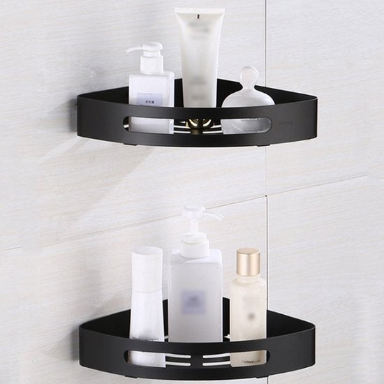 Hoek Doucherek Zwart – Badkamer Hoekplank met Schroefmontage – Roestvrij & Waterafvoer – 22 × 22 cm