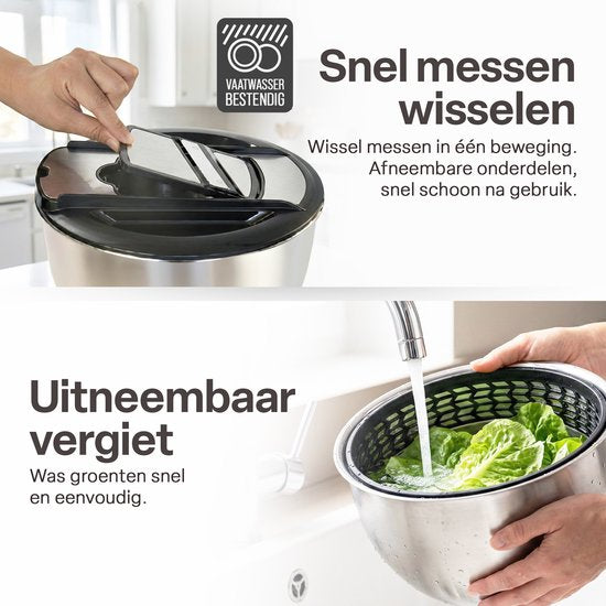 Slacentrifuge RVS 5L met Snij- en Raspmessen – Salade Spinner – Sladroger – Slakom met Mandoline – Groentesnijder – Julienne Snijder – RVS Mengkom