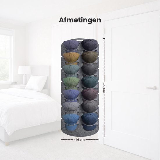 Cap Rack - Petjes Organizer voor aan Deur - Grijs - 14 Petten - Organizer voor Petjes en Caps - Petjes Opbergsysteem - Vilt - Petten Houder - Petten Opbergzak - Hat Holder - 130 x 46 cm