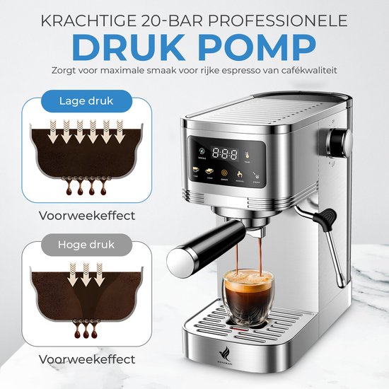 NovaWare® Espressomachine – Pistonmachine – Koffiemachines - Kopjesverwarmer - Met Stoompijpje - RVS