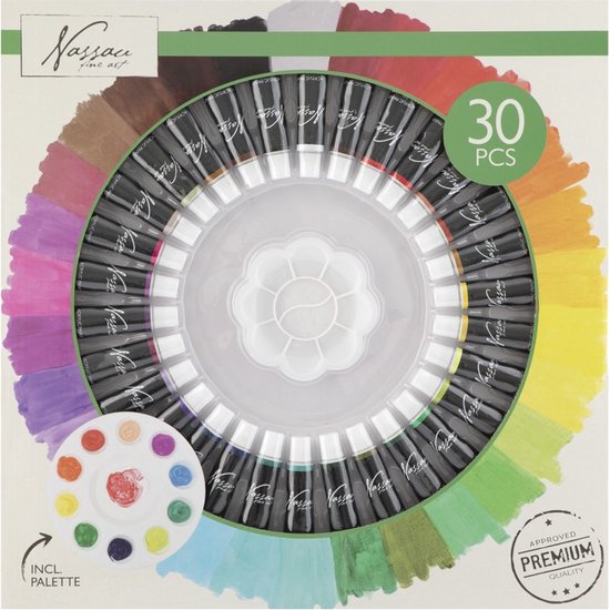 Nassau Fine Art - Professionele Acrylverf - Acrylverfset - Acrylic Paint Set - Verf - Verf Set - Verven -Schilderen - Kinderen - Hobby - Hoge Kwaliteit Verf - 30 Kleuren