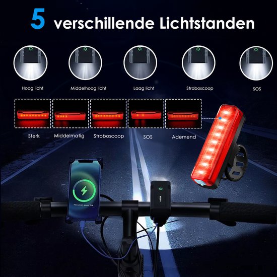 Vesfy Fietslampjes Set - Voorlicht & Achterlicht - USB Oplaadbaar - 1000 Lumen - Waterdicht IPX5 - Fietsverlichting voor Stadsfiets, MTB & Racefiets