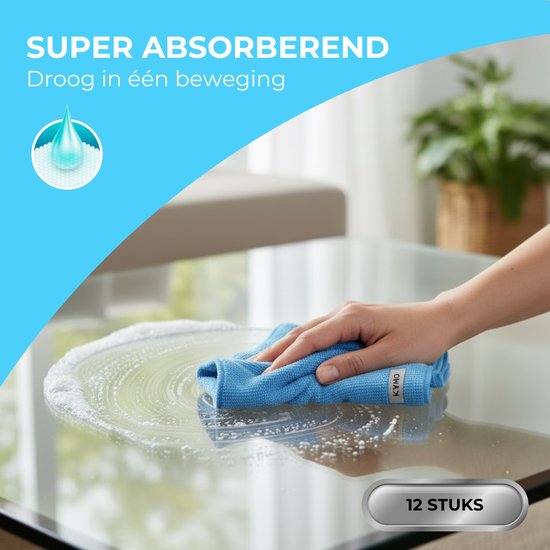 Kymo Blauwe Microvezeldoekjes - 12 Stuks 30 x 30 cm - Wasbaar - Schoonmaakdoekjes - Schoonmaak Auto - Stoomreiniger - Tapijtreiniger
