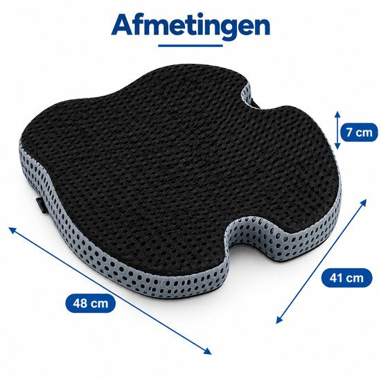 Ergonomisch Zitkussen – Memory Foam Stoelkussen met Stuituitsparing – 48 x 41 x 7 cm – Zitkussen voor Bureaustoel, Auto & Thuis – Ademend 3D Mesh – Zwart