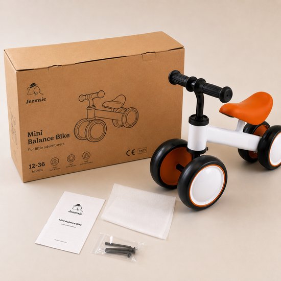 Jeemsie Loopfiets 1 Jaar – Baby Loopfiets 12 tot 36 Maanden – Vierwiel Loopfiets – Eerste Fiets voor Peuters – Binnen & Buiten – Oranje-Wit
