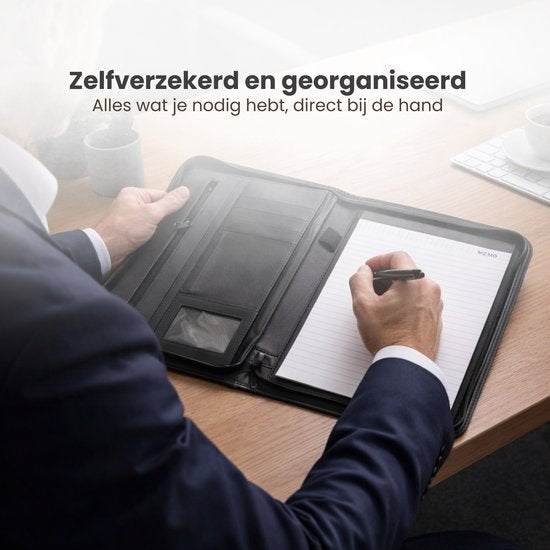 Conferentiemap met Rits - Conferentiemap A4 - Luxe Schrijfmap Opbergmap A4 - Documentenmap Werkmap - Kantoor Conferentie Map - Inclusief Notitieblok, Penhouder & Pasjeshouder - Zwart
