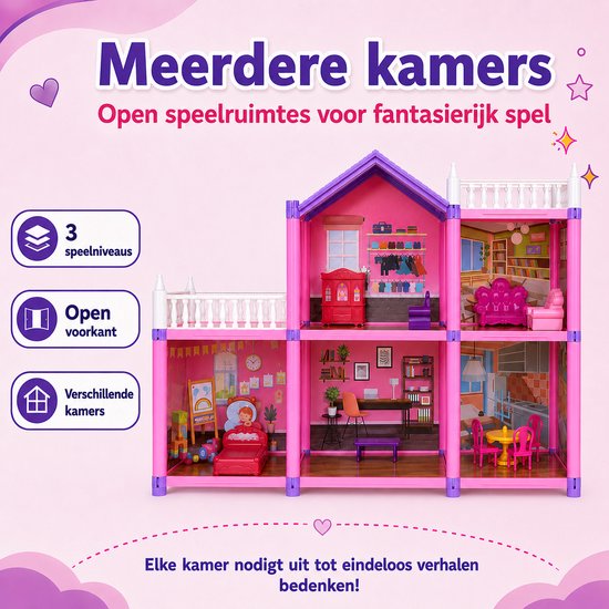 DMG Supply Groot Poppenhuis - Hoog - Meerdere Verdiepingen - Poppen - Meubels