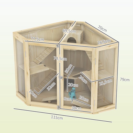 Hamsterkooi 4-Laags met Wip Loopplank en Hutjes - 69x115x79 cm - Hout