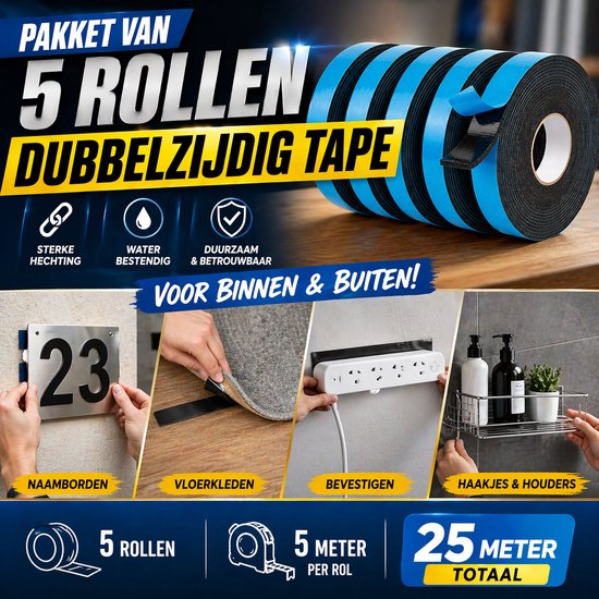 24ME® - Pakket van 5 Rollen - 25 Meter Foam Tape – 2 cm Breed – Dubbelzijdige Tape voor Montage, Klussen, Auto & Hobby