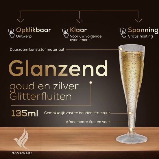 Plastic Champagneglazen - 120 Stuks - Gouden en Zilveren Glitter - Voor Bruiloften, Verjaardagen & Feesten, 135ml - Herbruikbaar