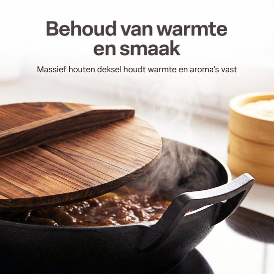 Gietijzeren Wok Ø36 cm met Houten Deksel – Wokpan Gietijzer voor Inductie, Gas, Oven & BBQ – Pre-seasoned – Grote Wokpan met Handgrepen – Professionele Wok