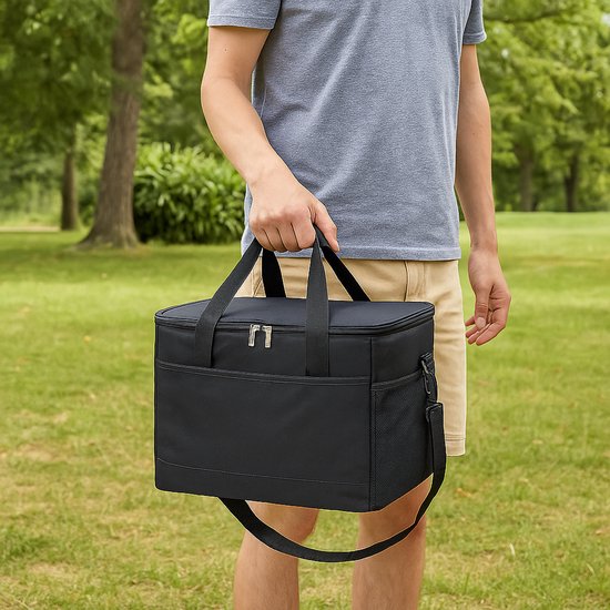 Koeltas Zwart XL – 42x28x31 cm – Grote Koelbox Tas met Schouderriem – Geïsoleerde Picknicktas – Waterdicht & Opvouwbaar – Ideaal voor Strand, Park & Auto