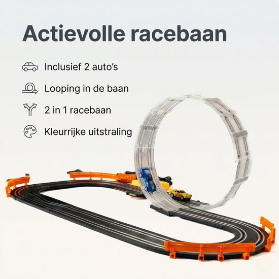 DMG Supply Racebaan - Autobaan Speelgoed - 2 Opstellingen Mogelijk - Dubbele Racebaan met Looping - 2 Auto's - Rondeteller - 3 Meter