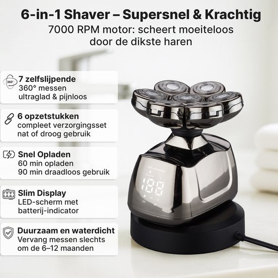 Carewat Glad Pro - Scheerapparaat Mannen - Elektrisch 6-in-1 - Hoofd & Gezicht - Nat & Droog - Trimmer & Tondeuse - Draadloos Opladen