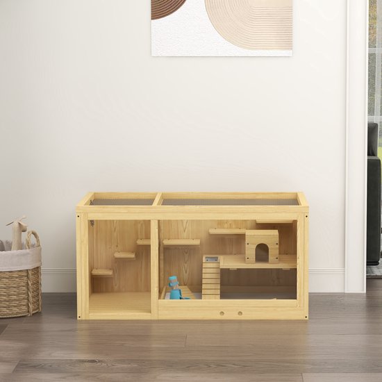 Knaagdierkooi - Sparrenhout - inclusief accessoires en drinkfles - 100 x 50 x 50 cm - Natuurlijk