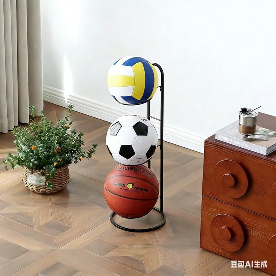 Ballenstandaard voor 3 Ballen – Staande Ballenhouder – Geschikt voor Voetbal, Basketbal & Volleybal – Metalen Ballenrek – Zwart