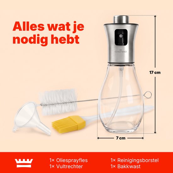 Oliespray 200 ml – Olieverstuiver voor Koken, Airfryer & BBQ – Fijne Verneveling – Glazen Oliespuit – RVS Drukknop – Inclusief Trechter, Reinigingsborstel & Bakkwast