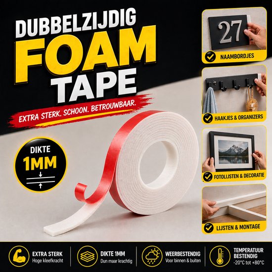24ME® - Pakket van 5 rollen - 25 Meter Extra Sterk Dubbelzijdig PE Foam Tape - Wit - 20mm x 1mm - 5 Rollen Meter - Extra Sterke Kleefkracht