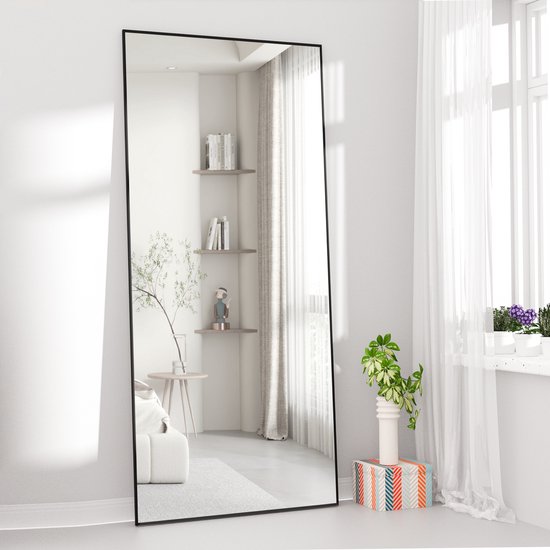 Vloerspiegel Rechthoek- 165 x 61 cm - Zwart - Passpiegel met Standaard Grote Wandspiegel - Hangende Spiegel - Staande Spiegel - Passpiegel Staand