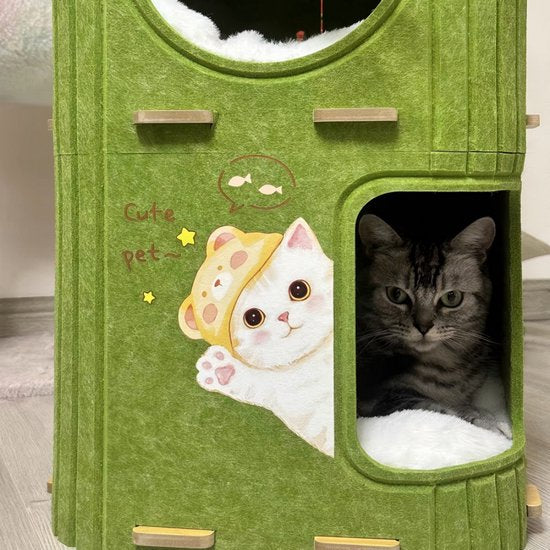 Kattenhuis met Krabplank – Kattenmand & Kattenhuis Indoor – Katten Krabmeubel – Kattenhol van Vilt – Katten Speeltoren – Groen – 60 cm