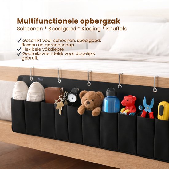 Bed Organizer met 9 Vakken – Bed Opberger Hangend – Opbergzak Bedrand – Schoenen Organizer Bed – Bedside Storage Organizer – Zonder Boren – Zwart