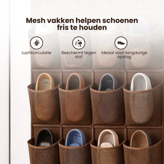 Schoenenkast Hangend - Schoenenzak 24 vakken - Opbergen van Schoenen aan Deur - Schoenenzak Bruin - Oplossing voor rondslingerende schoenen - Hoogwaardige Schoenenkast