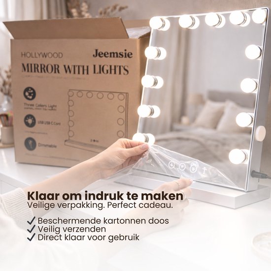 ⁠Jeemsie – Hollywood Spiegel met Verlichting – 3 Lichtstanden, Dimbaar, Touch – Tafel & Wandmontage – 58×48 cm – Wit